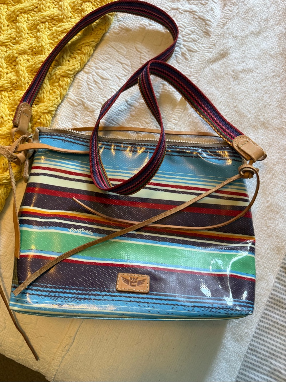 Consuela Striped Crossbody Bag in Blue, Green, Red and Tan